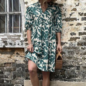 Allover Plants Print Puff Sleeve Smock Dress